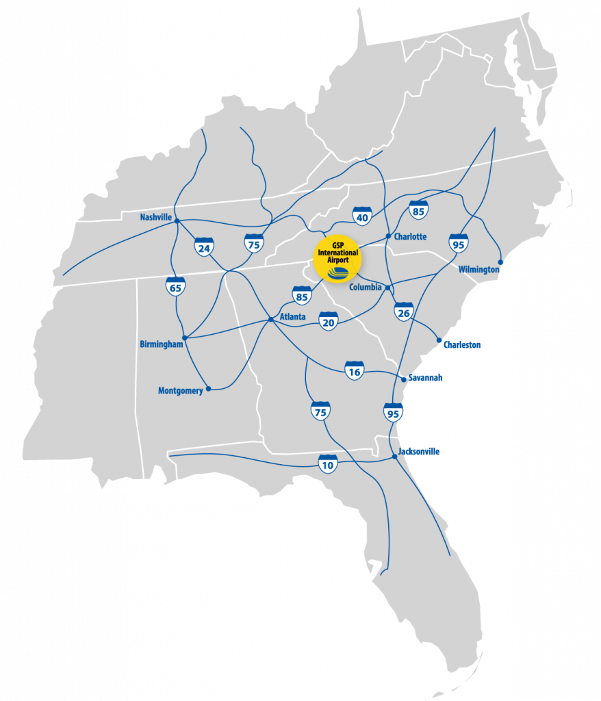 US Map with interstates in South Carolina highlighted